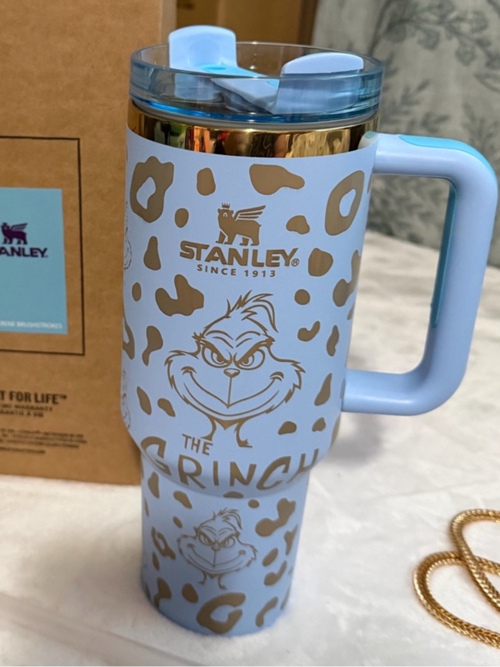 40oz Stanley The Grinch Tumbler with gold cheetah